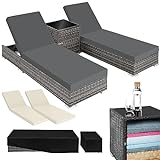 tectake 2er Lounge Sonnenliegen Set Plus Tisch – inkl. 2 Bezugsets und Schutzhülle, Outdoor Poly Rattan Gartenmöbel Set, 2X Gartenliege wetterfest - grau