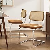 Zouron Esszimmerstühle Rattan Stuhl Schwingstühle 2er Set - mit Eichenholz Kunstleder Küchenstuhl Freischwinger Stühle Polsterstuhl Natur geflochtene Rattan Rückenlehne Chrom Metallbeine