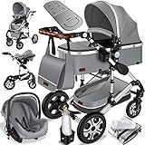 KESSER® Loops 3 in 1 Kinderwagen Kombikinderwagen Komplett-Set inkl. Babywanne & Buggy Sportsitz & Auto-Babyschale Voll-Gummireifen Wickeltasche Regenschutz Kindertisch ECE R129, Grau/Silber