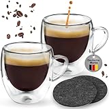 Zobel Espressotassen 80ml | 2er Set doppelwandige Espressogläser mit Henkel aus Borosilikatglas inkl. Filzuntersetzer | Spülmaschinenfest & hitzebeständig | Schwebeeffekt