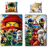 Lego Ninjago Kinder-Bettwäsche Movie Battle - 135x200 cm + 80x80 cm - 100% Baumwolle Linon - Cole - Jay - Kai - Lloyd - Zane - NYA - Misako - Sensei Wu - Renforcé - deutsche Größe - Wende-Motiv