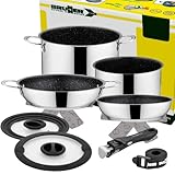BRUNNER: Camping Topf-Set Edelstahl (Kochtöpfe, Bratpfanne & Griff) ø 22 cm - ACADEMY HIGH NG 7+1 Teilig - Elektro-Herd, Gaskocher, Induktion & Keramikkochfeld - Für 4-6 Personen
