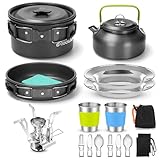 Odoland Camping Geschirr 18-teilige Camping kochset Faltbare Campingtopfe und 0.8 L Camping teekessel und Gaskocher für Schraubkartusche für Outdoor Kochen