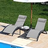 LIFERUN XXL Aluminium Sonnenliege 2er Set,mit Beistelltisch und Kopfkissen, stapelbare liegestuhl Garten, Wetterfest,5-Fach Verstellbare Rückenlehne, Geeignet für Gärten, Schwimmbäder, Strand, 2 PCS