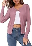 VOTEPRETTY Strickjacke Damen Leichte Cardigan Kurz Rundhals Strickjacken Langarm Pullover Strickmantel mit Knöpfe Helles Lila, L