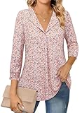 Amrto Bluse Damen Elegant 3/4 Ärmel Tunika Blumenmuster V-Ausschnitt Longshirt Blusenshirt Lange Lose Stylische Süße Shirts Oberteile für Büro Arbeit, Rosa XL
