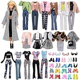 30 Kleidung Kompatibel für Puppen, 1 Tausend Vogel Karo Mantel 2 Wintermäntel 4Oberteile 1Pullover 2 Röcke 3 Hosen 1 Hut 2 Brillen 4 Sneakers 10High Heels, für 11,5 Zoll Mädchen Puppen Zufällig