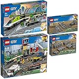 Lego City 4er Set: 60337 Personen-Schnellzug, 60198 Güterzug, 60238 Weichen & 60205 Schienen