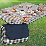 YAOMAISI Bequeme Picknickdecke,200x200cm,große Stranddecke, Campingdecke,mit Griff,wasserdichte Unterseite,Maschinenwaschbar, Faltbare Wanderdecke, Weich und Tragbar (Blaues Gitter)