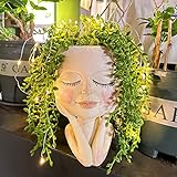 Solar-Blumentopf Gesicht Kopf Sukkulente Pflanze Licht - mit LED Wasserdicht Harz mit Ablaufloch Niedlich Geschlossene Augen Damen Indoor Outdoor Balkon Deko Gartendeko