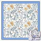 DEWUR Picknickdecke wasserdicht waschbar, Stranddecke Sandfrei XXL Campingdecke Strandmatte isoliert mit wasserdichter Unterseite (Weiß mit Blumen, 200 x 200 cm)