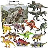 GIUHAT Dinosaurier Spielzeug ab 3 4 5 Jahre, Dino Spielzeug mit Aufbewahrungsbox Kinderspielzeug ab 3-8 Jahre Geschenk Junge Mädchen Kinder Spielzeug 12 Dinosaurier Figuren - 2 Dinosaurier-Autos