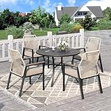 PHI VILLA Gartenmöbel Set Outdoor Balkon Esstisch mit 4 Rattan Stühlen und 1 Rund Metall Gartentisch, 5-teiliges Gartenset Tisch und Stühle für 4, Patio Dining Table Set für Hinterhof Veranda
