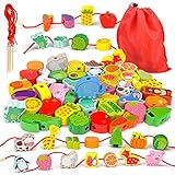 Sheirying Montessori Spielzeug,Holzspielzeug Fädelspiel Geschenk Motorikspielzeug ab 3 4 5 Jahr Madchen Jungen Baby Kinderspielzeug holzperlen für Kinder Geschenke