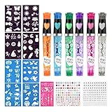 Tattoo Stifte 6 Farben Glitzer Set für Kinder, Glitzer Tattoo für die Haut, Tatoostift mit 8 Schablonen 80 Muster und Gesicht edelstein für Jungen und Mädchen Party Verkleiden