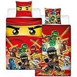 Lego Ninjago Kinder-Bettwäsche Fire Champion - 135x200 cm + 80x80 cm - 100% Baumwolle Linon - Cole - Jay - Kai - Lloyd - Zane - Nya - Misako - Sensai Wu - Renforcé - deutsche Größe - Wende-Motiv